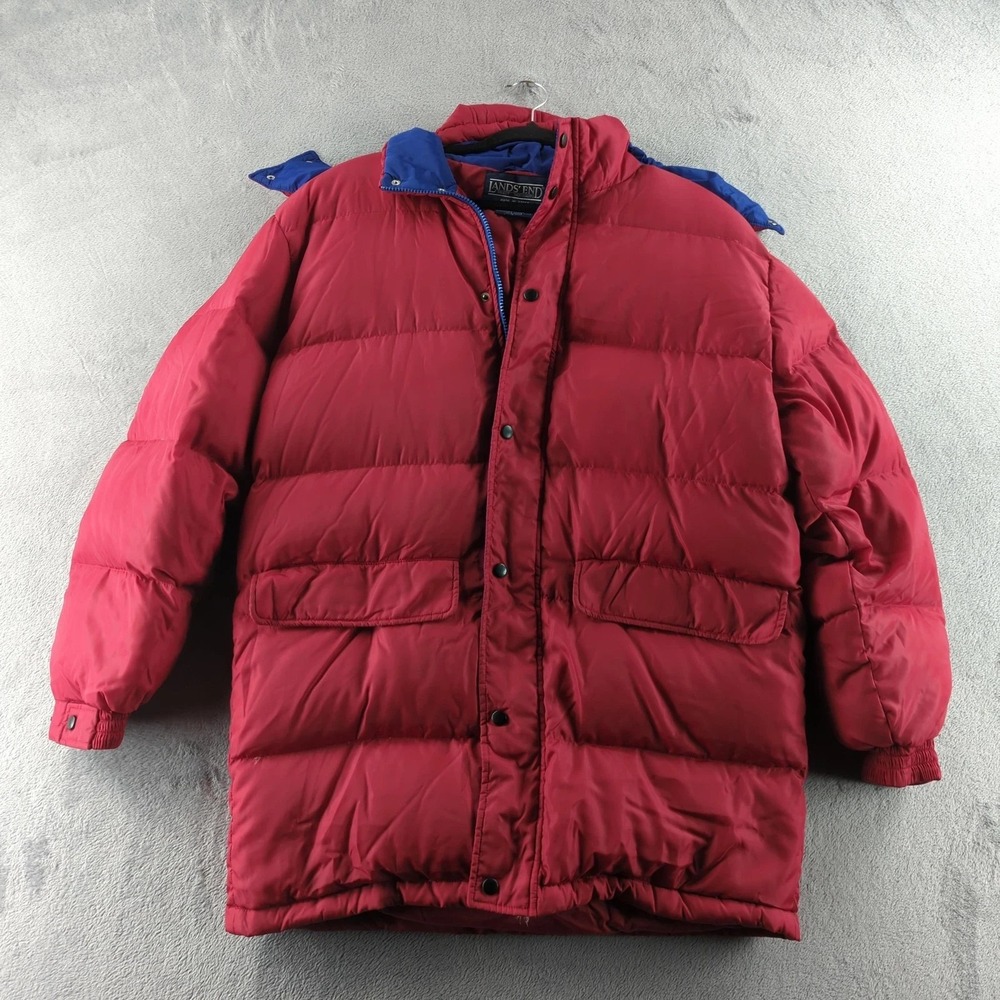 Vintage Lands' End Coat Mens‎ Medium Red Goose Down Puffer Parka Hooded 80s